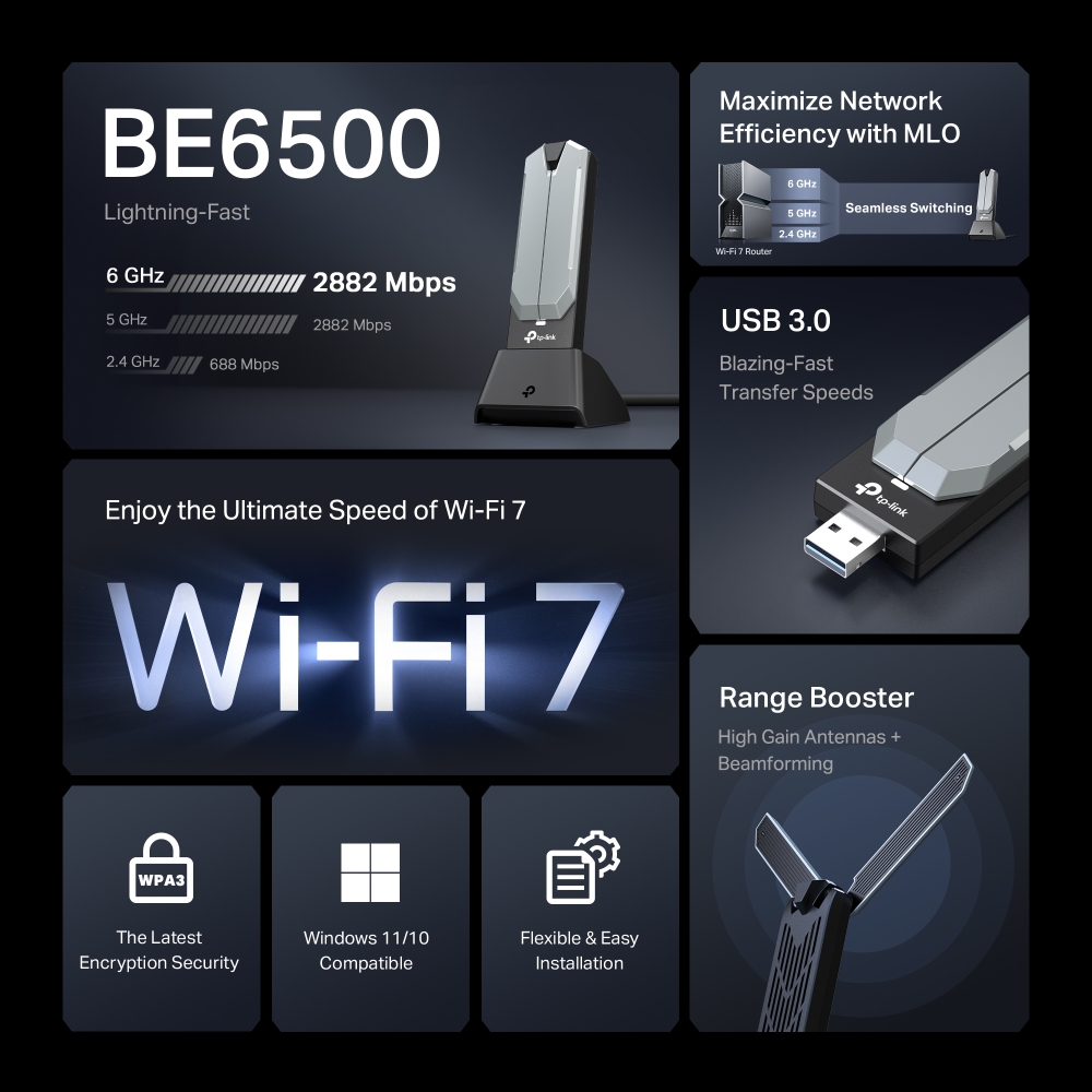 Bộ thu USB Wifi 7 TP-Link Archer TBE400UH BE6500 Độ Lợi Cao