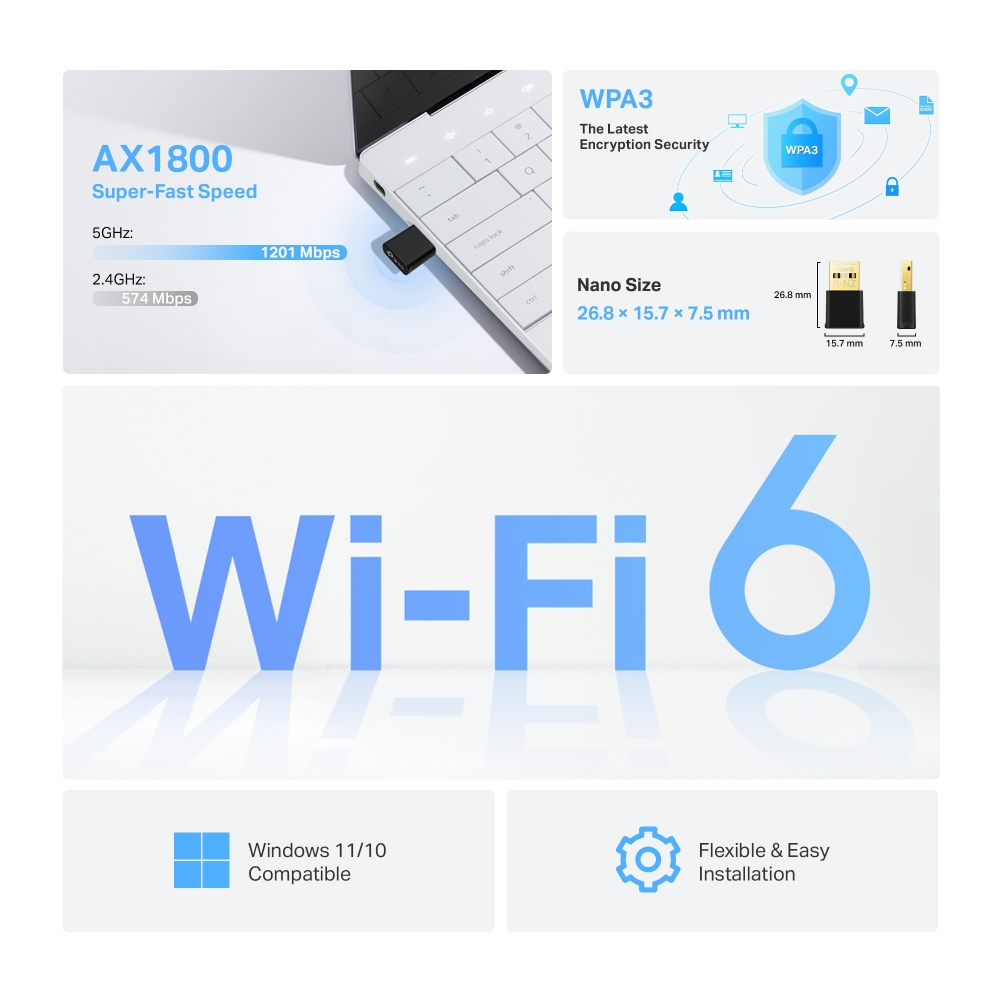 Bộ thu USB Wifi TP-Link Archer TX20U Nano Wi-Fi 6 Băng Tần Kép AX1800