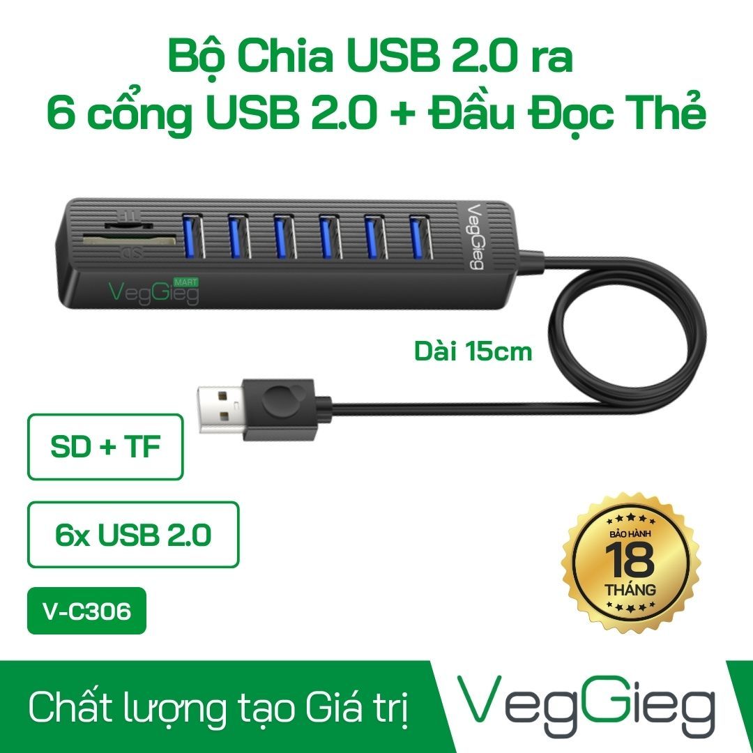 Bộ Chia/ Hub USB2.0 ra 6 cổng USB2.0 + Đầu Đọc Thẻ (SD+TF 2 in 1) - V-C306