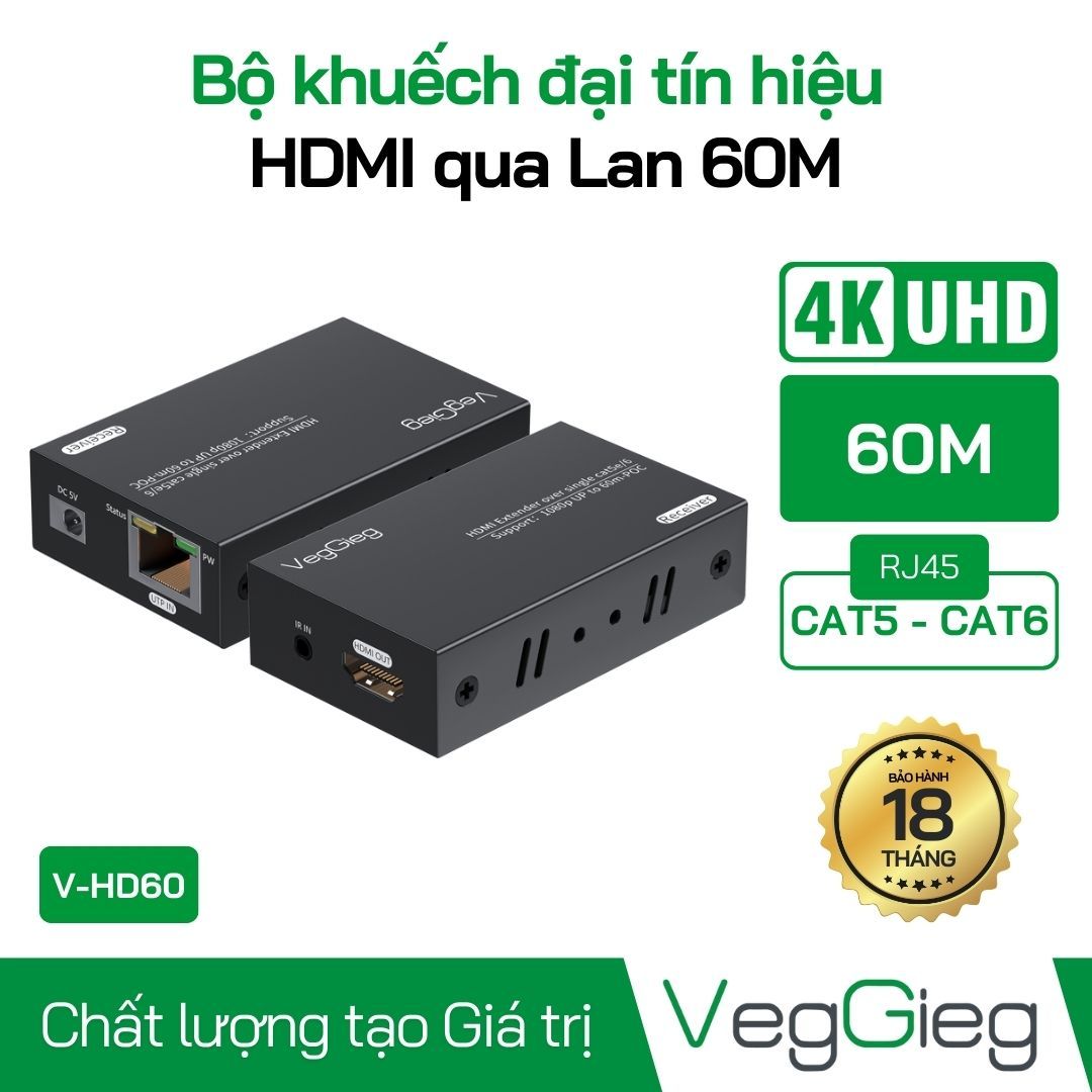 Bộ khuếch đại kéo dài tín hiệu HDMI qua Lan 60M - V-HD60