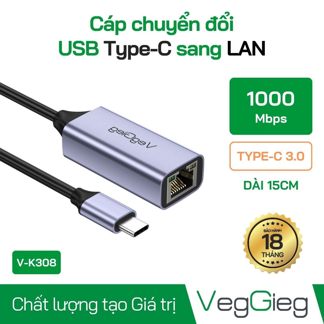 Cáp Chuyển Type-C 3.0 sang LAN VegGieg V-K308