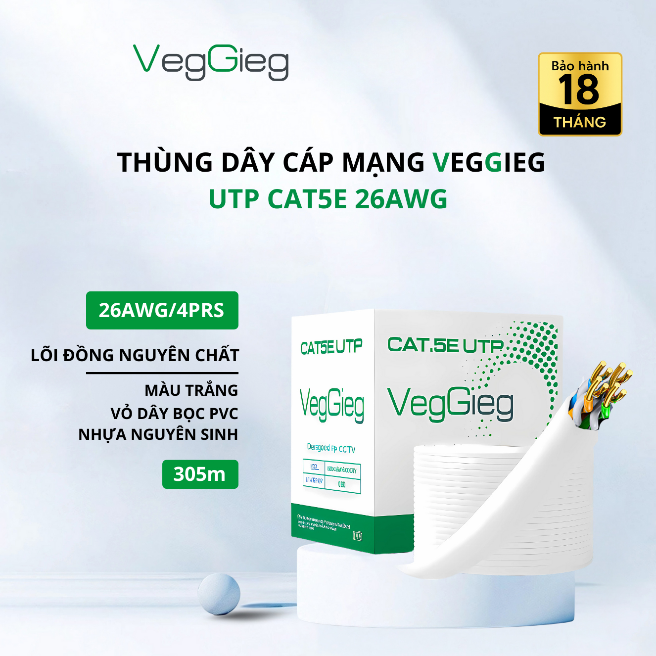 Dây Mạng Cat5e 26awg 305M VegGieg Màu Trắng
