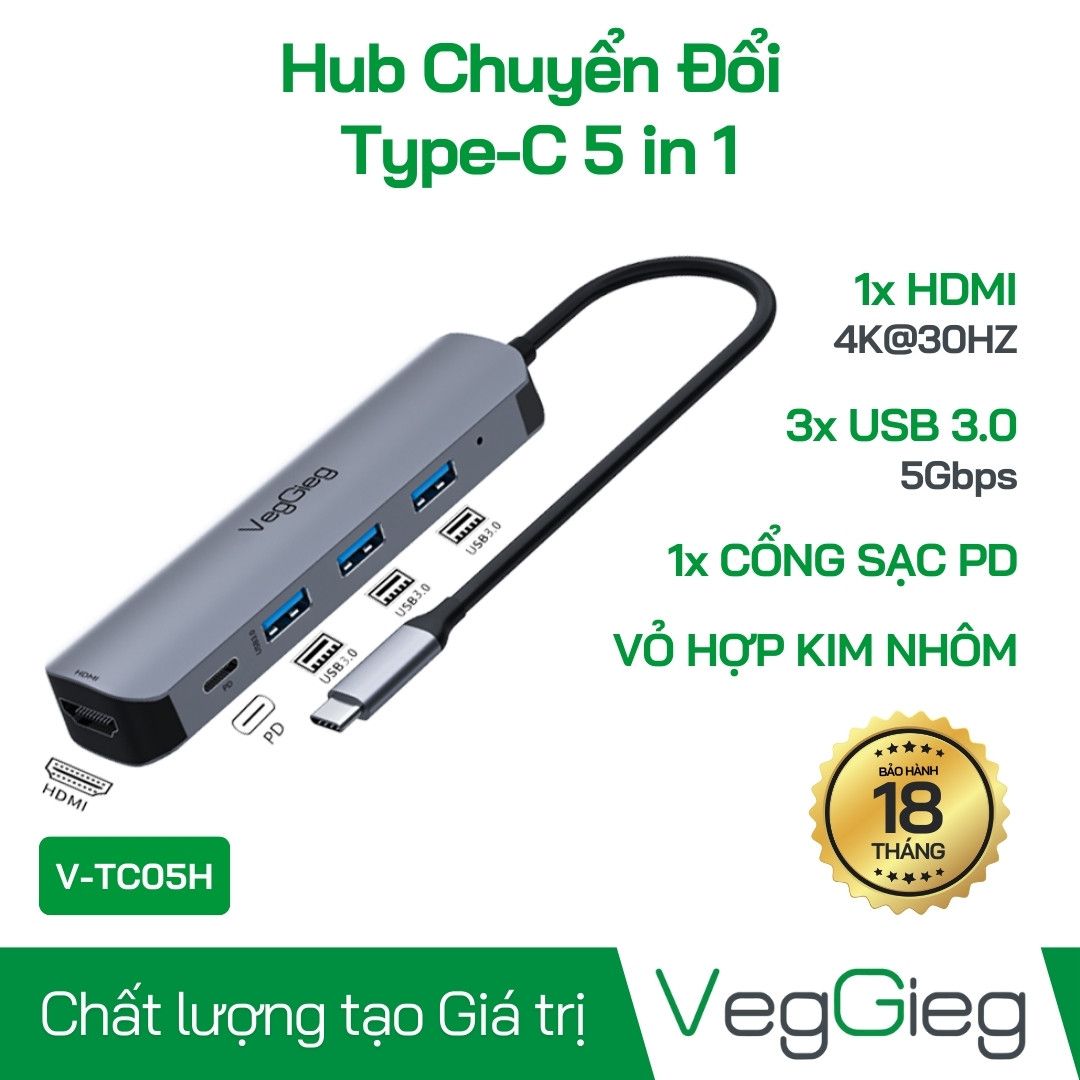 Hub chuyển đổi Type C - 5 in 1 - V-TC05H