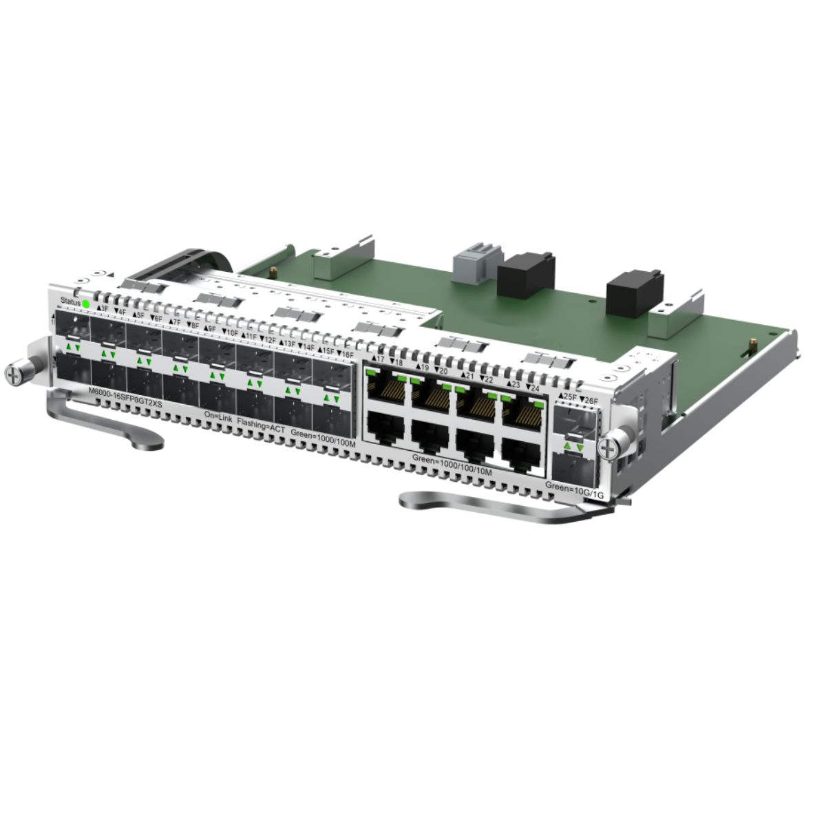 Bộ module Ruijie M6000-16SFP8GT2XS với 16 cổng Gigabit Ethernet SFP, 8 cổng RJ45 và 2 cổng uplink 10G SFP+