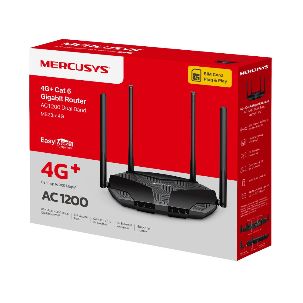 Bộ phát Router Mercusys AC1200 Gigabit Băng Tần Kép Hỗ Trợ 4G+ Cat6 MB235-4G