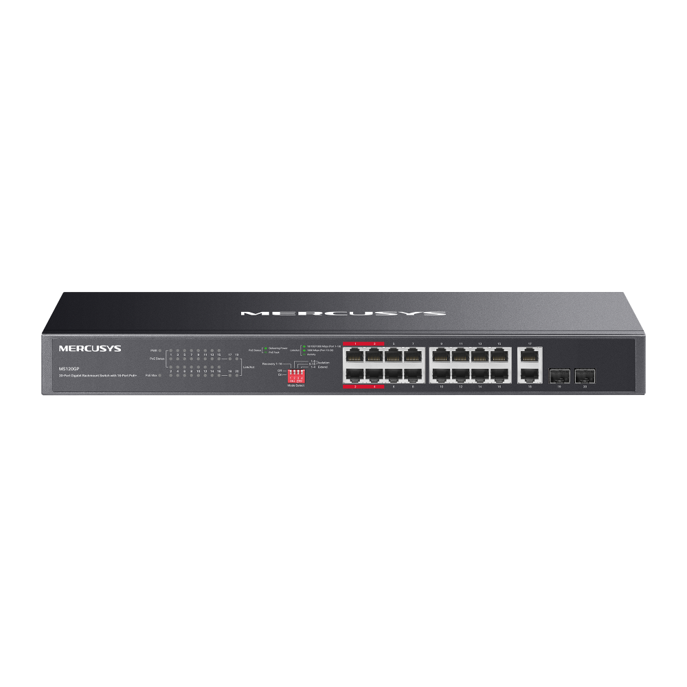 Bộ Chuyển Mạch Switch Mercusys Rackmount Gigabit 20 cổng với 16 cổng PoE+ MS120GP