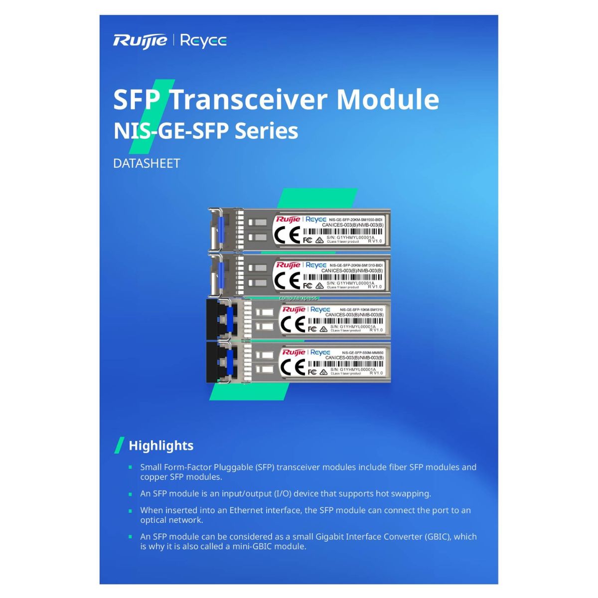 Module mạng Reyee NIS-GE-SFP-10KM-SM1310 1000BASE-LX mini GBIC (1310nm), 10km