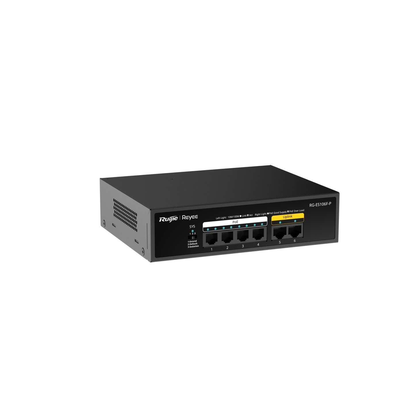 Unmanaged switch RUIJIE RG-ES106F-P 4 cổng 10/100 BASE-T PoE/PoE+, 2 uplink 100 Mbps, tốc độ 7.2Gbps, công suất 54W