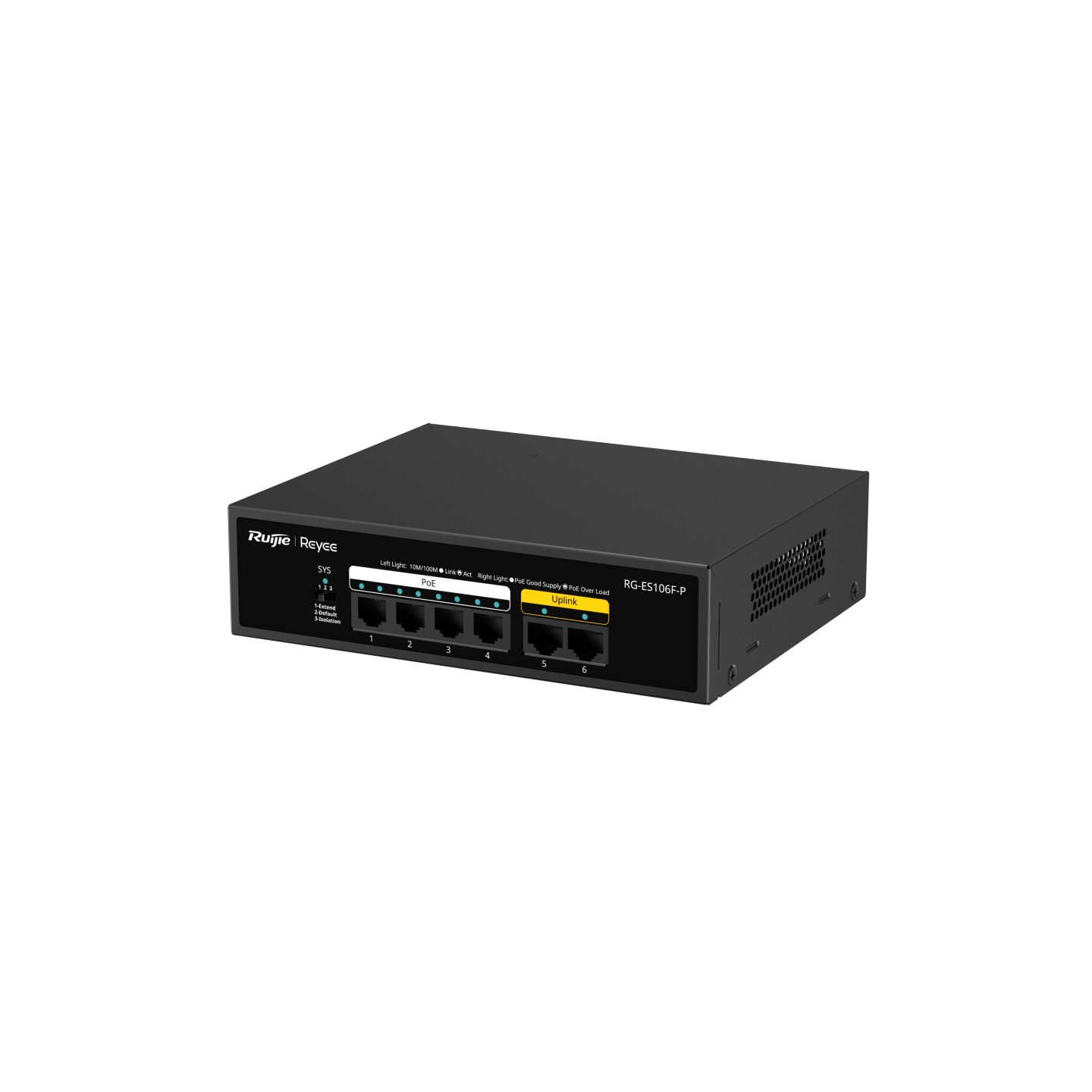 Unmanaged switch RUIJIE RG-ES106F-P 4 cổng 10/100 BASE-T PoE/PoE+, 2 uplink 100 Mbps, tốc độ 7.2Gbps, công suất 54W