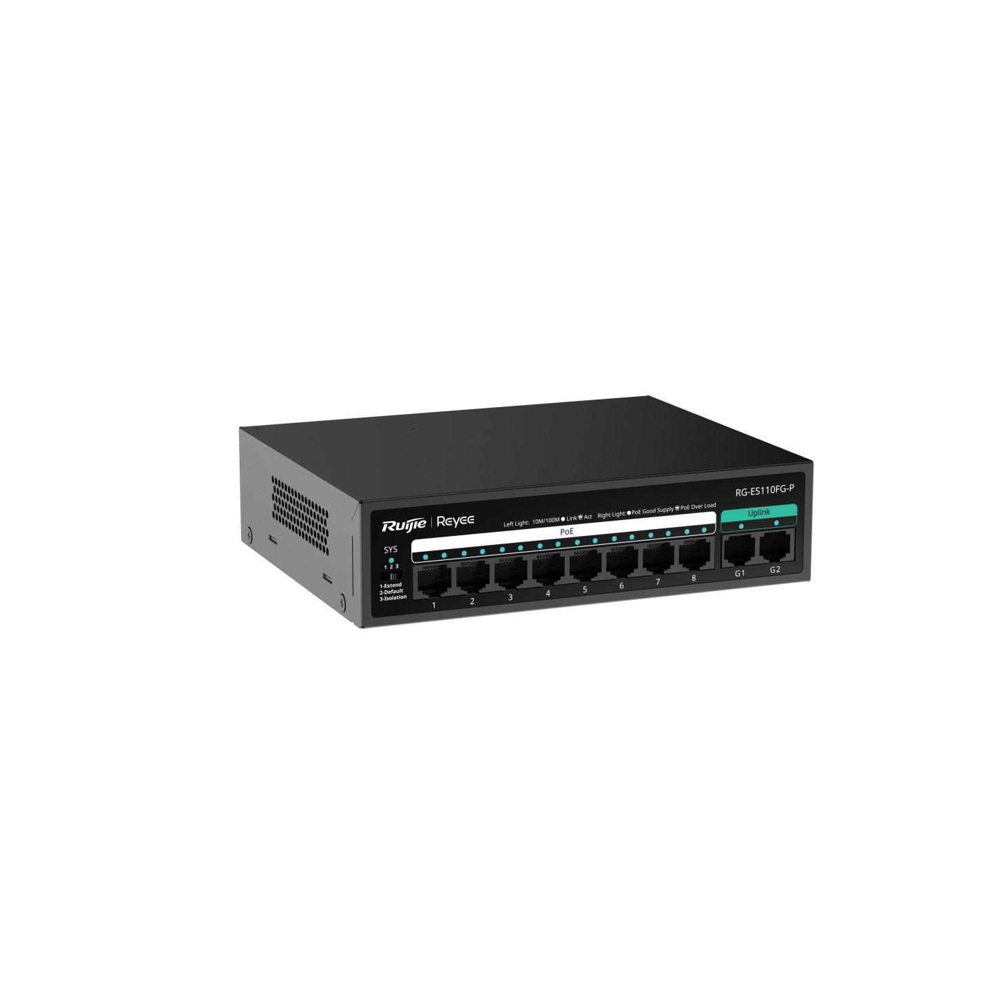 Unmanaged switch RUIJIE RG-ES110FG-P 8 10/100 BASE-T PoE/PoE+, 2 cổng uplink 100Mps, 5.6Gbps, PoE 110W