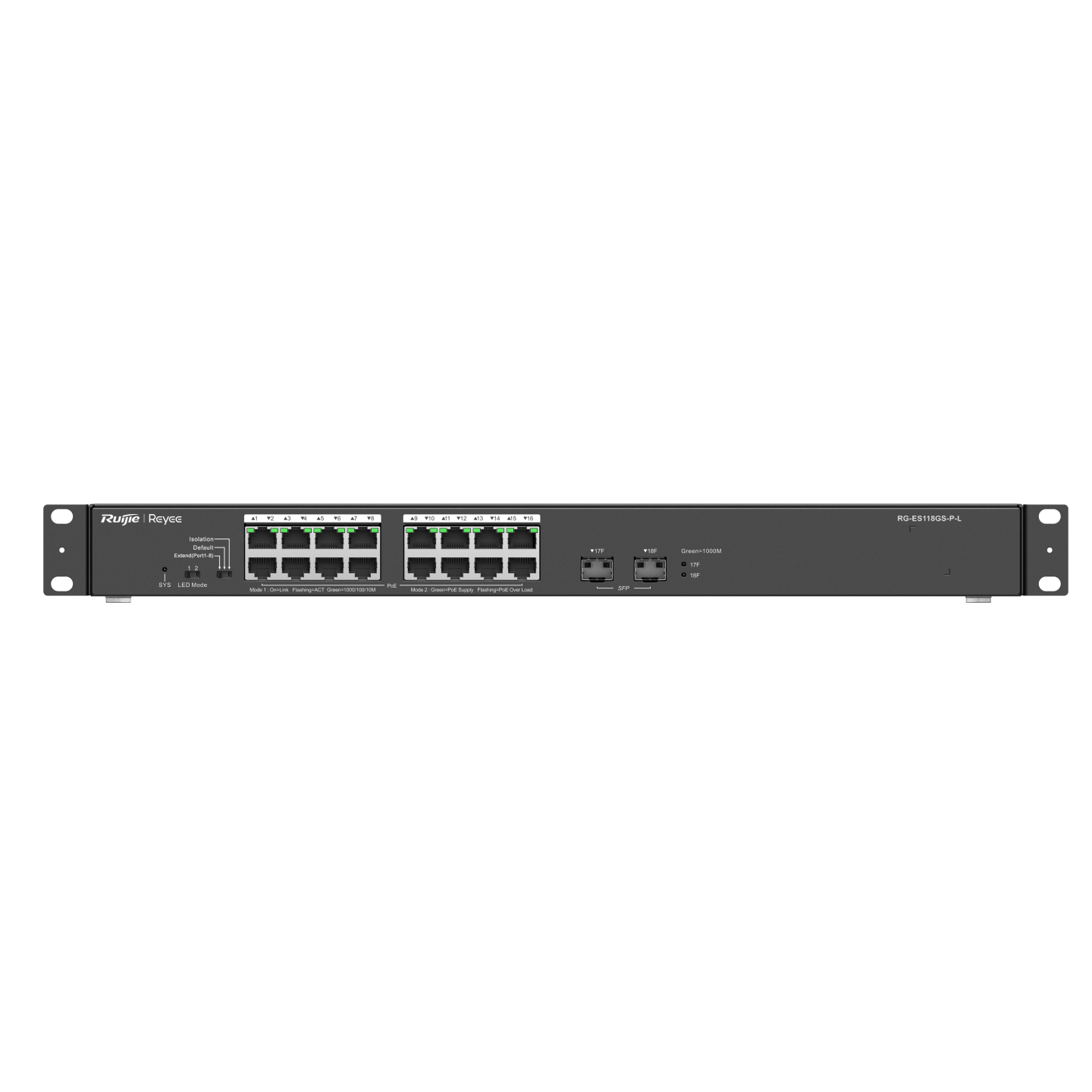 Switch PoE 16 cổng Reyee RG-ES118GS-P-L 16 cổng 10/100/1000 BASE-T PoE/PoE+, uplink quang 1Gps, tốc độ 36Gbps, công suất 247W