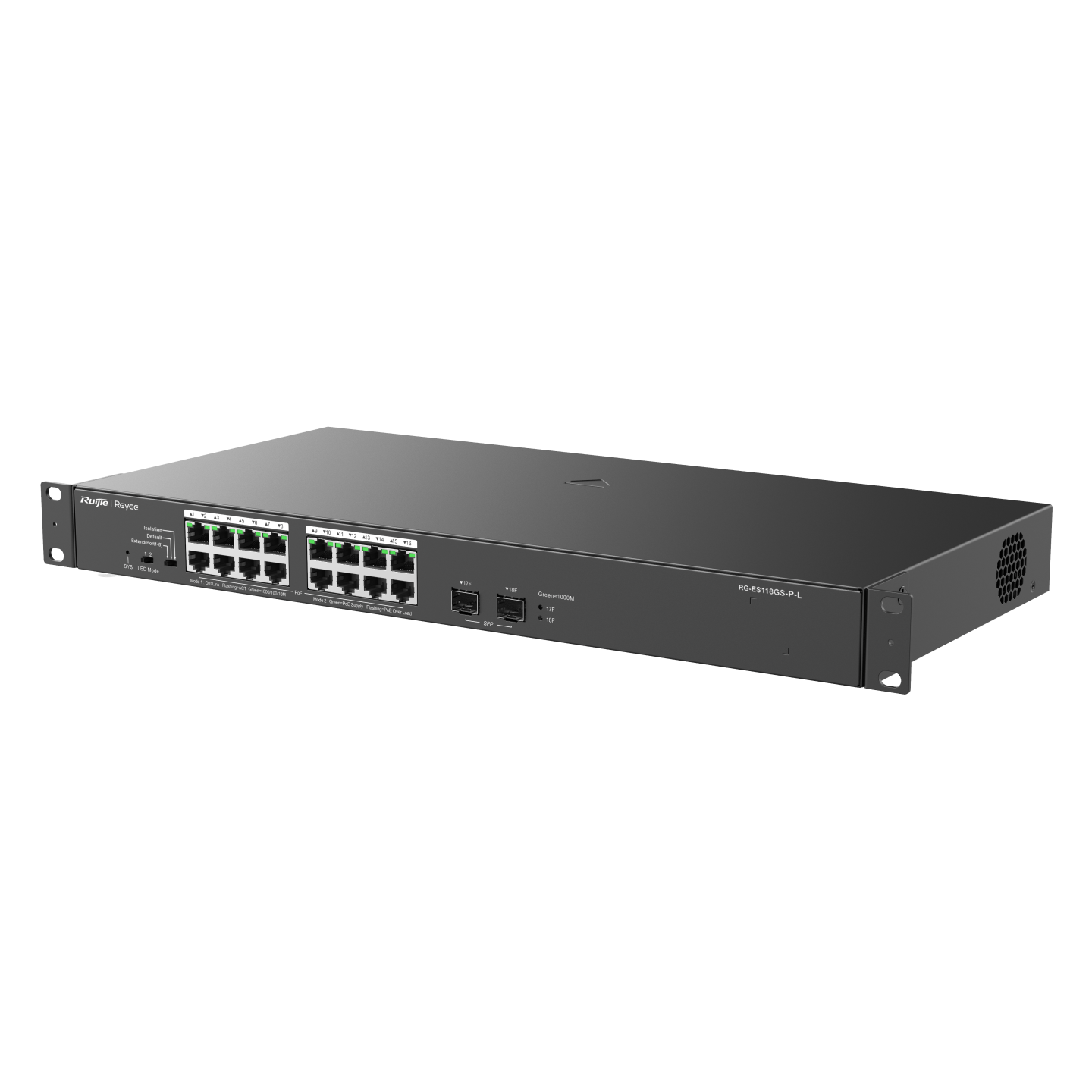 Switch PoE 16 cổng Reyee RG-ES118GS-P-L 16 cổng 10/100/1000 BASE-T PoE/PoE+, uplink quang 1Gps, tốc độ 36Gbps, công suất 247W