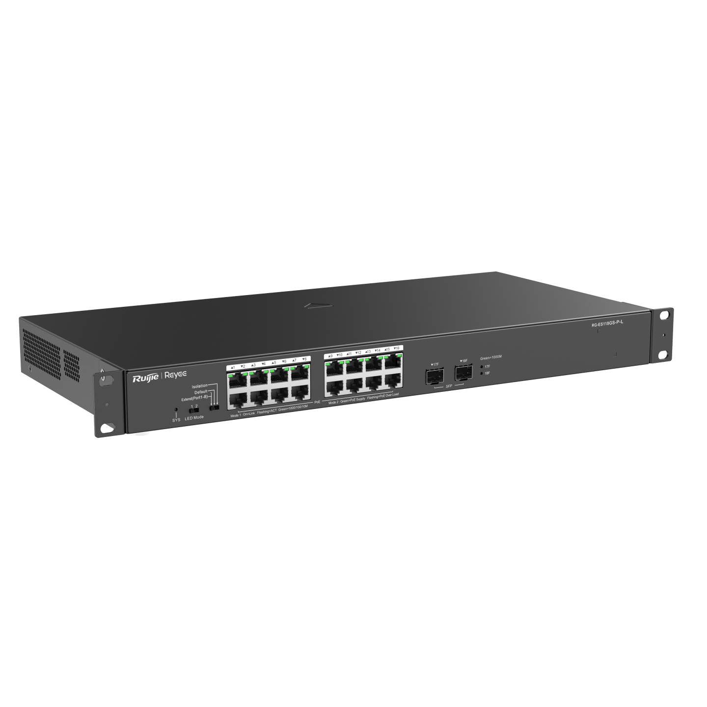 Switch PoE 16 cổng Reyee RG-ES118GS-P-L 16 cổng 10/100/1000 BASE-T PoE/PoE+, uplink quang 1Gps, tốc độ 36Gbps, công suất 247W