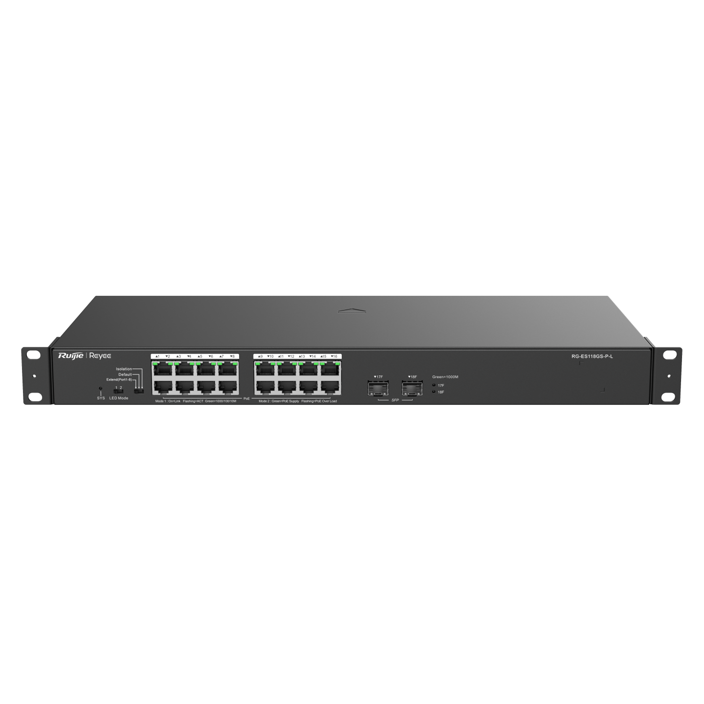 Switch PoE 16 cổng Reyee RG-ES118GS-P-L 16 cổng 10/100/1000 BASE-T PoE/PoE+, uplink quang 1Gps, tốc độ 36Gbps, công suất 247W