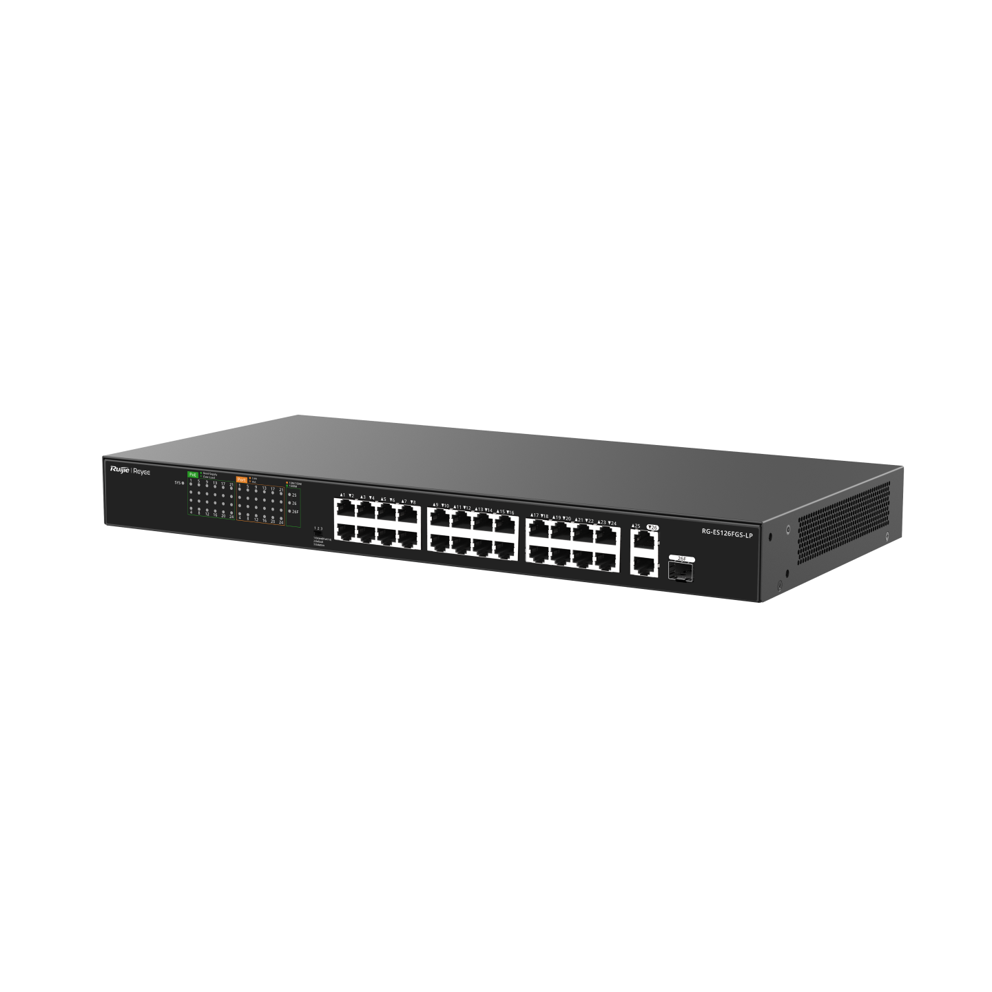 Bộ chuyển mạch switch PoE 24 cổng Ruijie RG-ES126FGS-LP, tốc độ 8.8Gbps, PoE 180W, 2 cổng uplink 1000 Mbps + 1 cổng combo