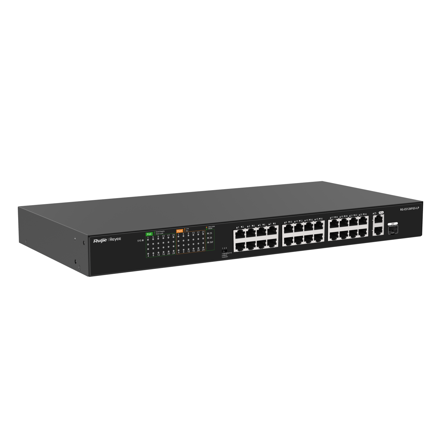 Bộ chuyển mạch switch PoE 24 cổng Ruijie RG-ES126FGS-LP, tốc độ 8.8Gbps, PoE 180W, 2 cổng uplink 1000 Mbps + 1 cổng combo