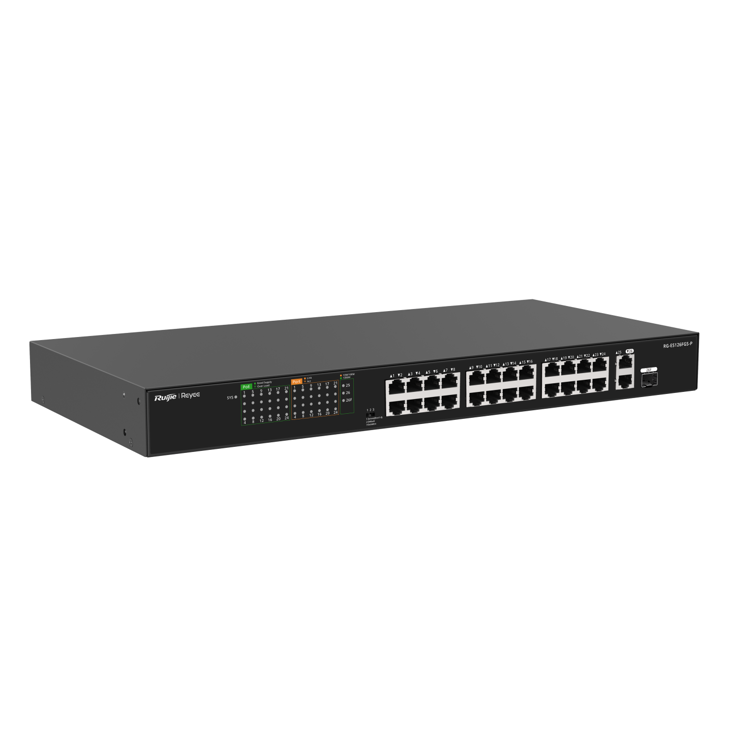 Unmanaged switch 24 cổng PoE RUIJIE RG-ES126FGS-P 10/100/1000BASE-T, PoE 370W, 2 uplink 1000 Mbps với 1 cổng combo