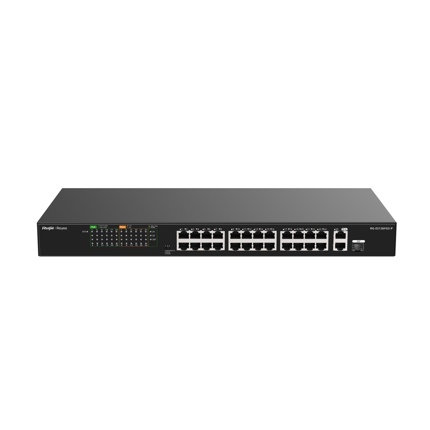 Unmanaged switch 24 cổng PoE RUIJIE RG-ES126FGS-P 10/100/1000BASE-T, PoE 370W, 2 uplink 1000 Mbps với 1 cổng combo