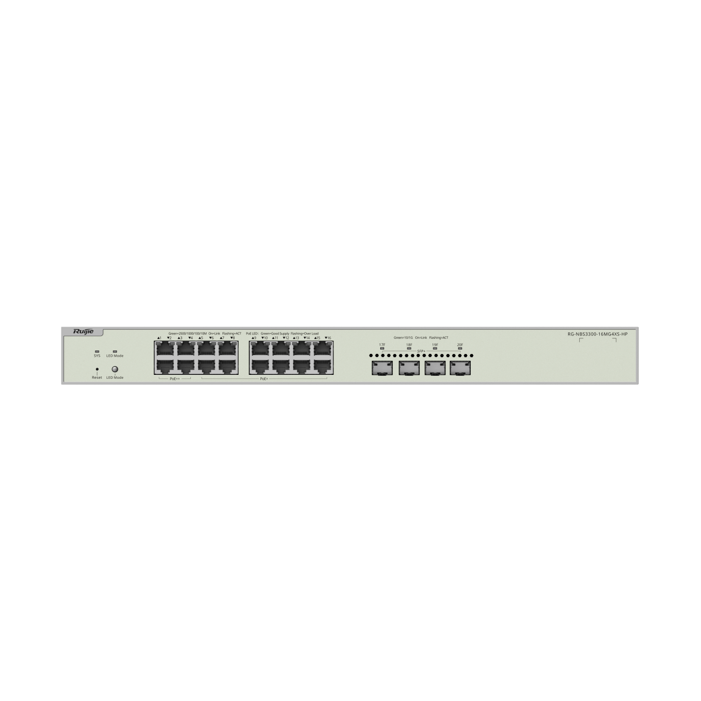 Switch 16 Port MG POE+ Ruijie Reyee RG-NBS3300-16MG4XS-HP  | Layer 2 Managed 12 Cổng RJ45 2.5G PoE+, 04 Cổng RJ45 2.5G PoE++ 370W, 04 Cổng Uplink SFP+