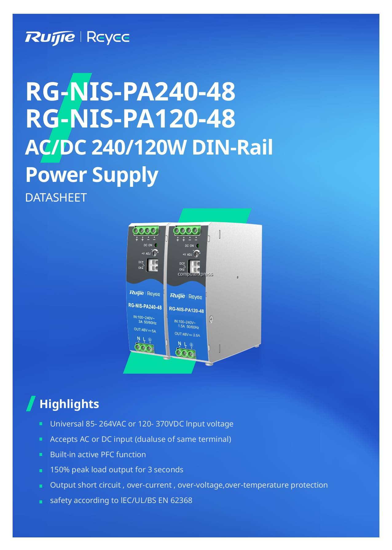 Bộ nguồn 120w Reyee RG-NIS-PA120-48 100-240VAC, chống ngắn mạch, quá dòng