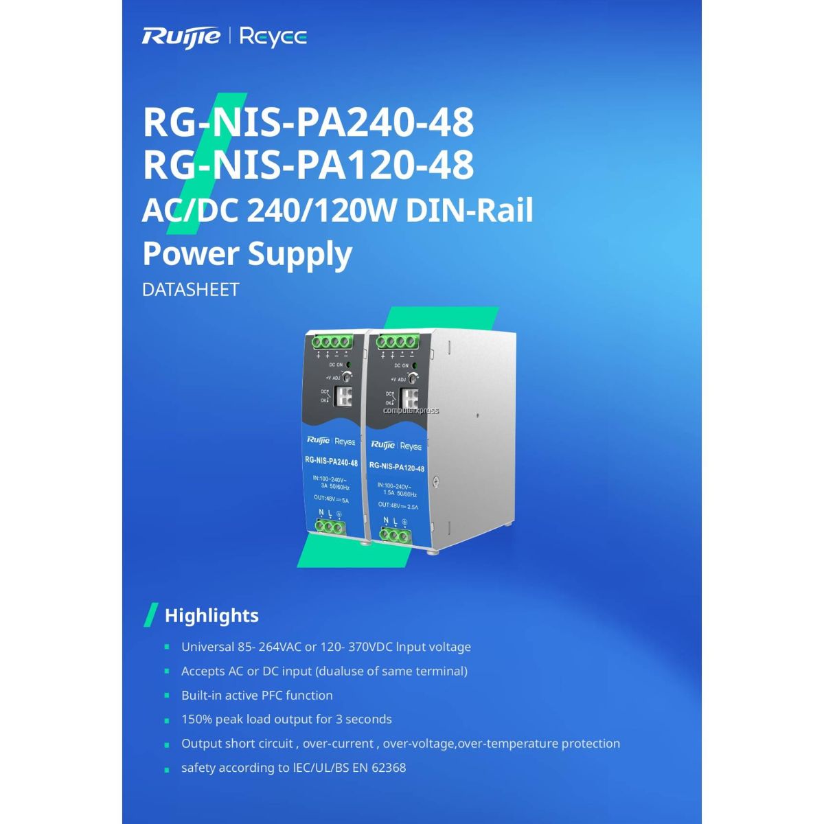 Bộ cấp nguồn 240w Reyee RG-NIS-PA240-48 100-240VAC, bảo vệ quá nhiệt