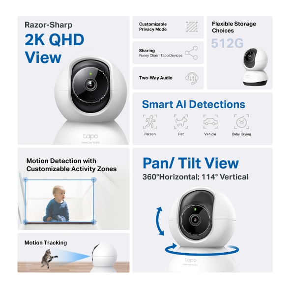 Camera AI Wi-Fi An Ninh Gia Đình Quay Quét trong nhà Tapo TC72