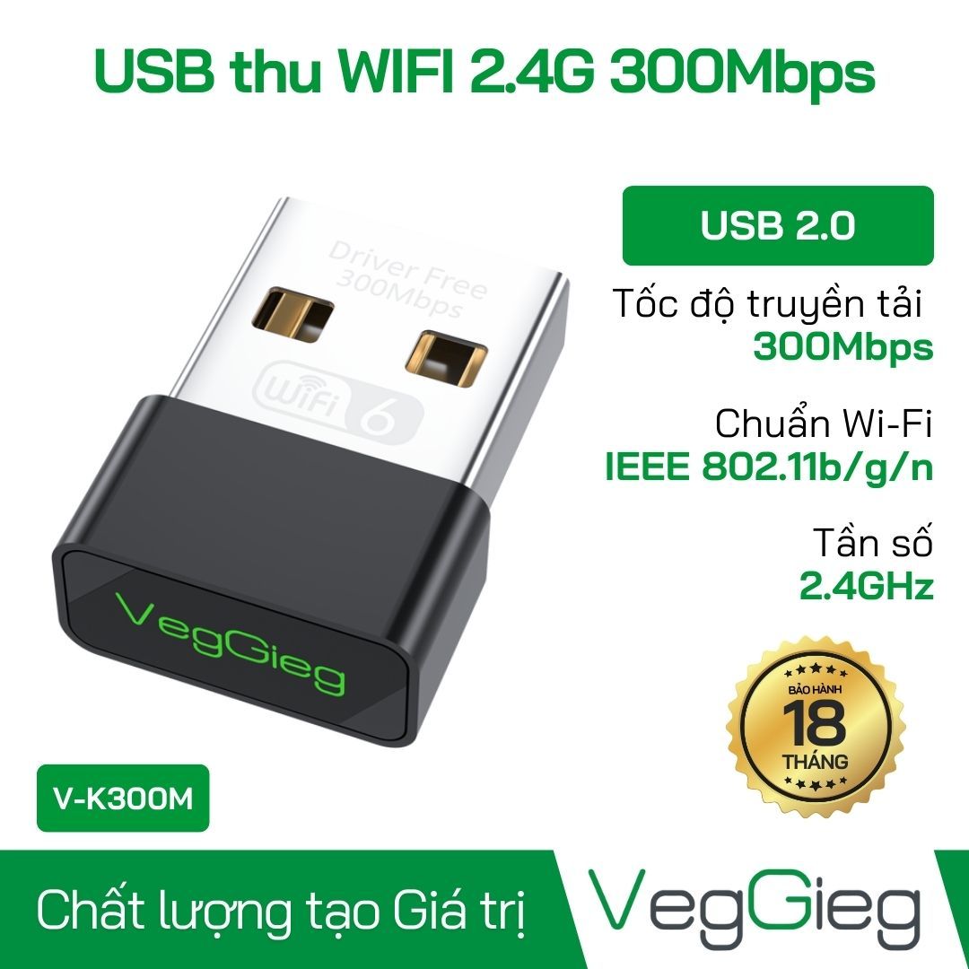 USB thu WiFi VegGieg 2.4G 300Mbps V-K300M