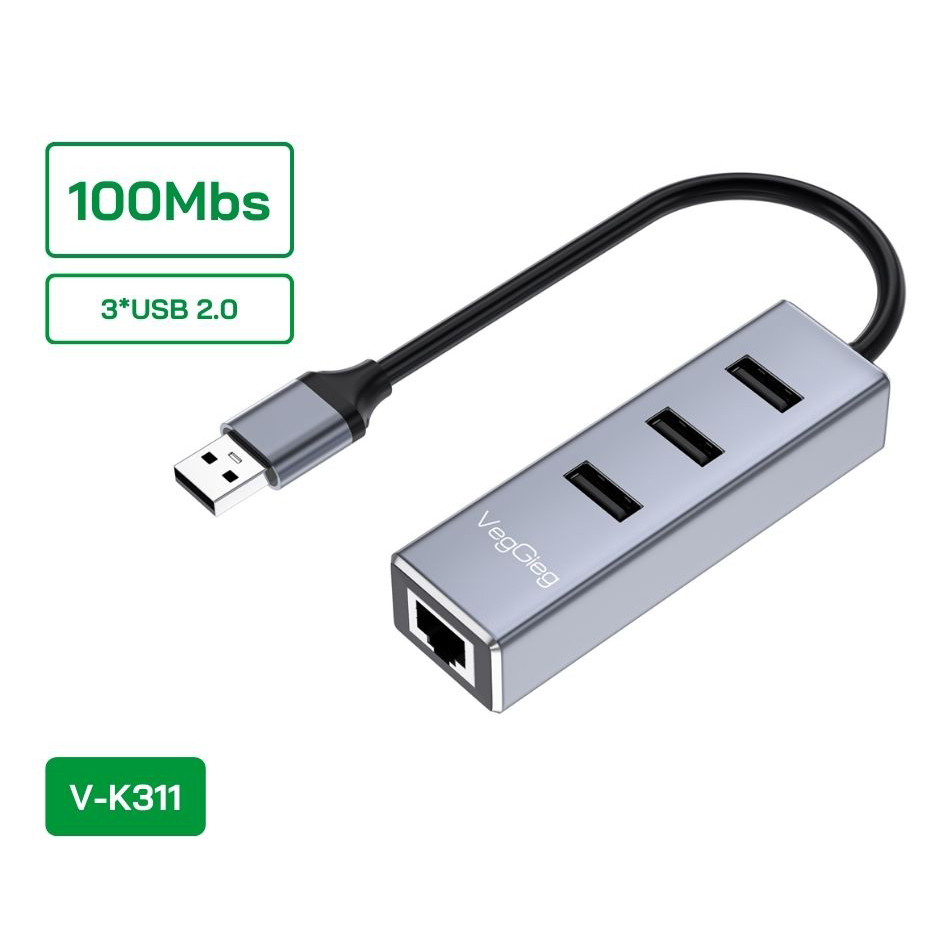 Hub USB2.0 ra 3 cổng USB2.0 + LAN(RJ45) VegGieg V-K311
