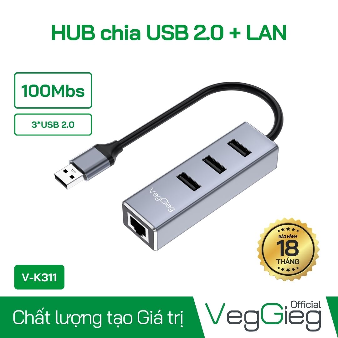 Hub USB2.0 ra 3 cổng USB2.0 + LAN(RJ45) VegGieg V-K311