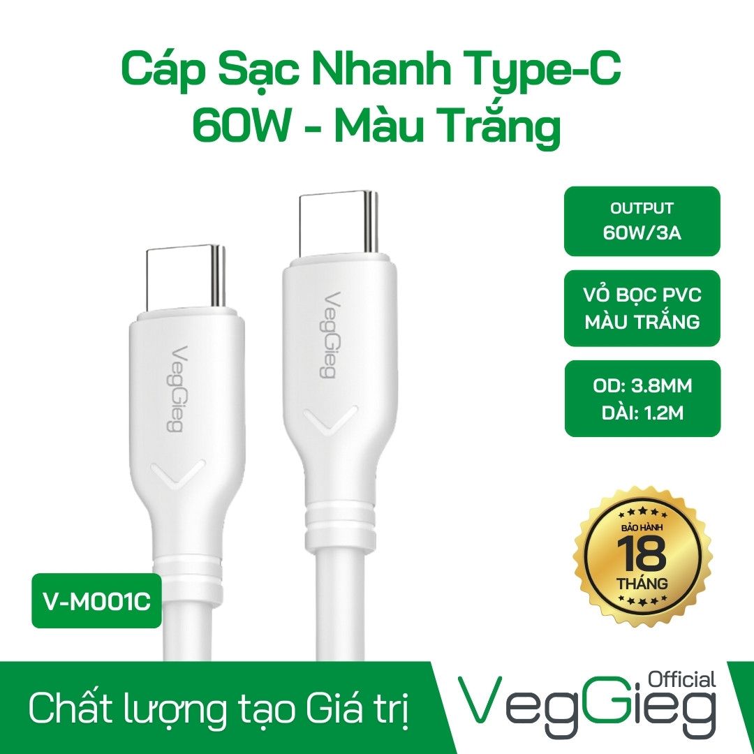 Cáp Sạc Nhanh VegGieg Type-C 60W V-M001C