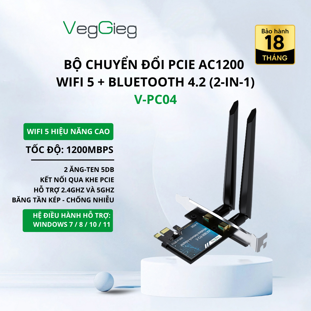 Bộ Chuyển Đổi PCIe AC1200 WiFi 5 + Bluetooth 4.2 (V-PC04)