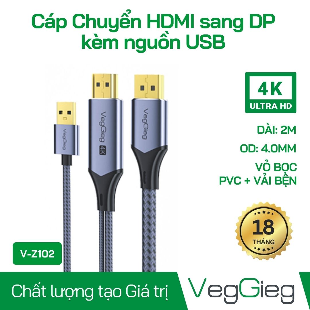 Cáp chuyển HDMI sang DisplayPort M/M 4K60Hz có Cấp Nguồn USB - V-Z102