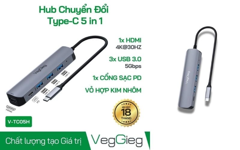 Hub chuyển đổi Type C - 5 in 1 - V-TC05H