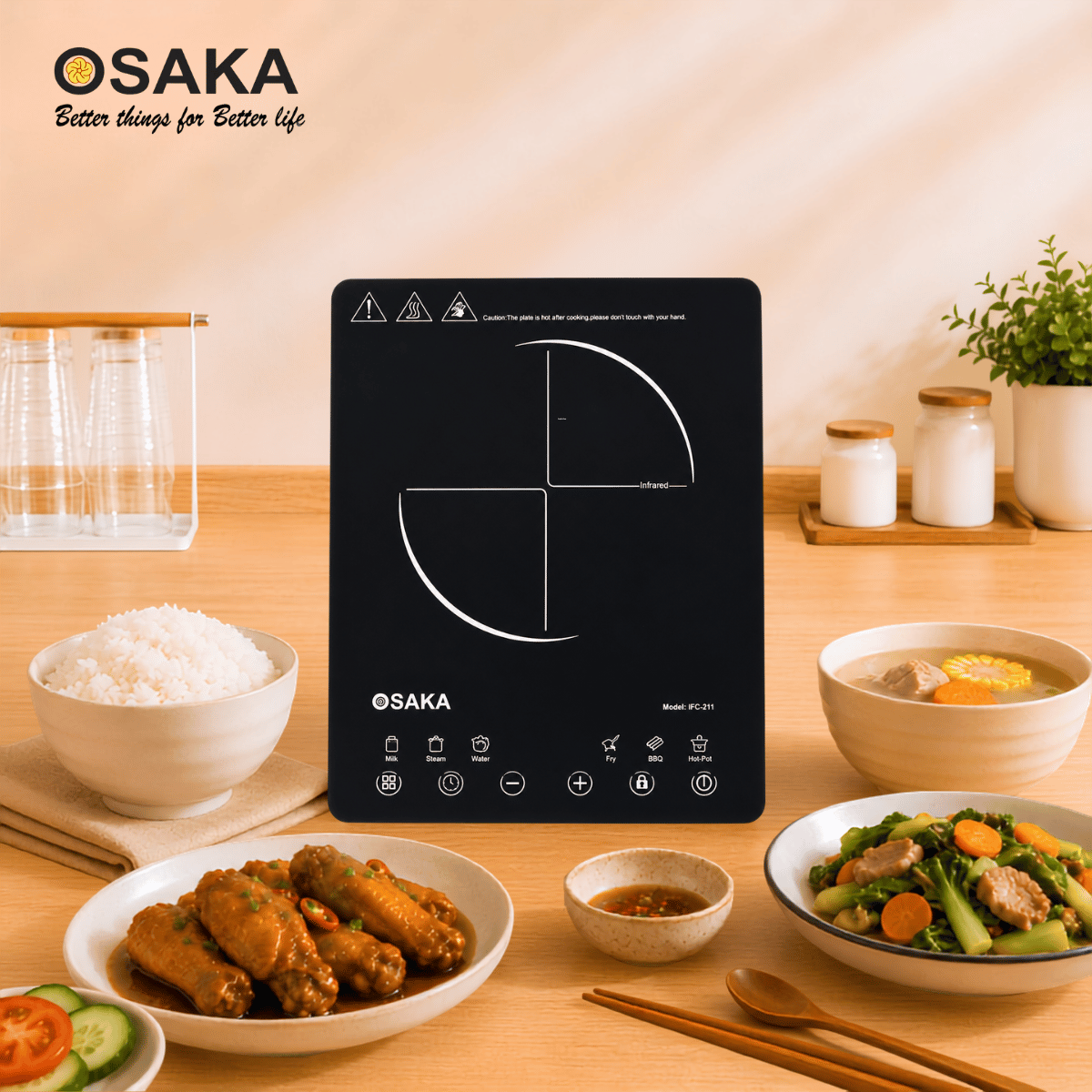 Bếp Hồng Ngoại Osaka IFC-211 Công Suất 2200W – 8 Mức Công Suất, 6 Chế Độ Nấu, Hẹn Giờ 4 Giờ, Khóa An Toàn