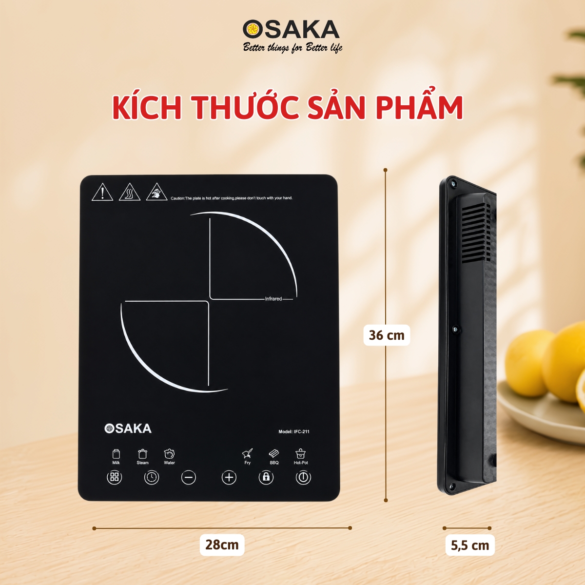 Bếp Hồng Ngoại Osaka IFC-211 Công Suất 2200W – 8 Mức Công Suất, 6 Chế Độ Nấu, Hẹn Giờ 4 Giờ, Khóa An Toàn