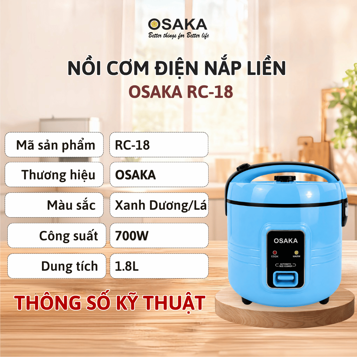 Nồi Cơm Điện OSAKA RC-18 Dung Tích 1.8L, Lòng Nồi Dập Tổ Ong Tráng Men Chống Dính, Tặng Kèm Khay Hấp