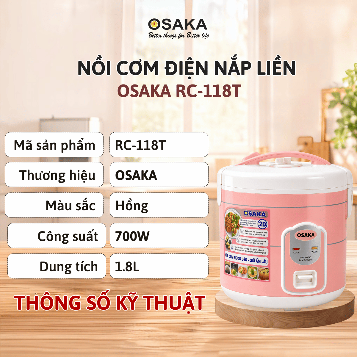 Nồi Cơm Điện OSAKA RC-118T Dung Tích 1.8L - Mâm Nhiệt Lớn - Tráng Men Chống Dính - Tặng Kèm Khay Hấp
