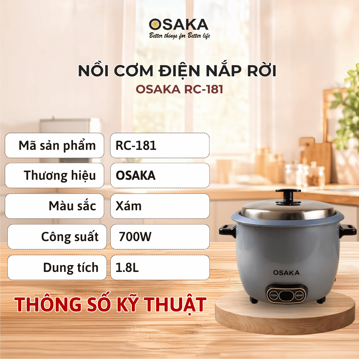 Nồi Cơm Điện OSAKA RC-181 Dung Tích 1.8L  Công Suất 700W - Lòng Nồi Chống Dính Nắp Inox 304