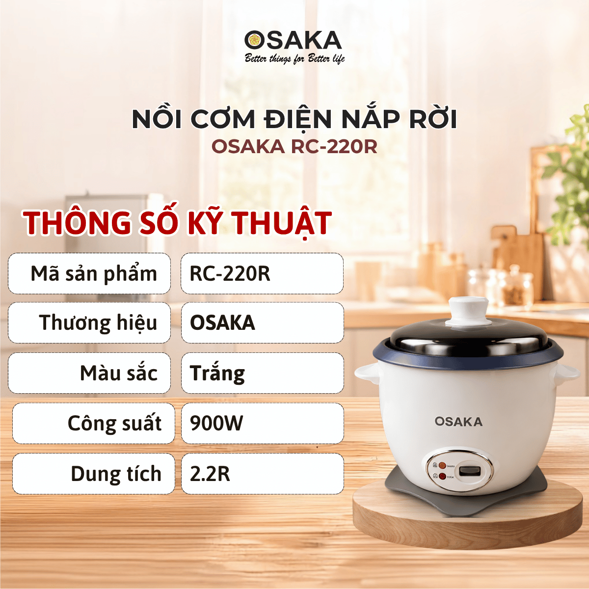 Nồi Cơm Điện Nắp Rời OSAKA RC-220R Dung Tích 2.2L - Công Suất 900W – Lòng Nồi Chống Dính – Nắp Inox 304