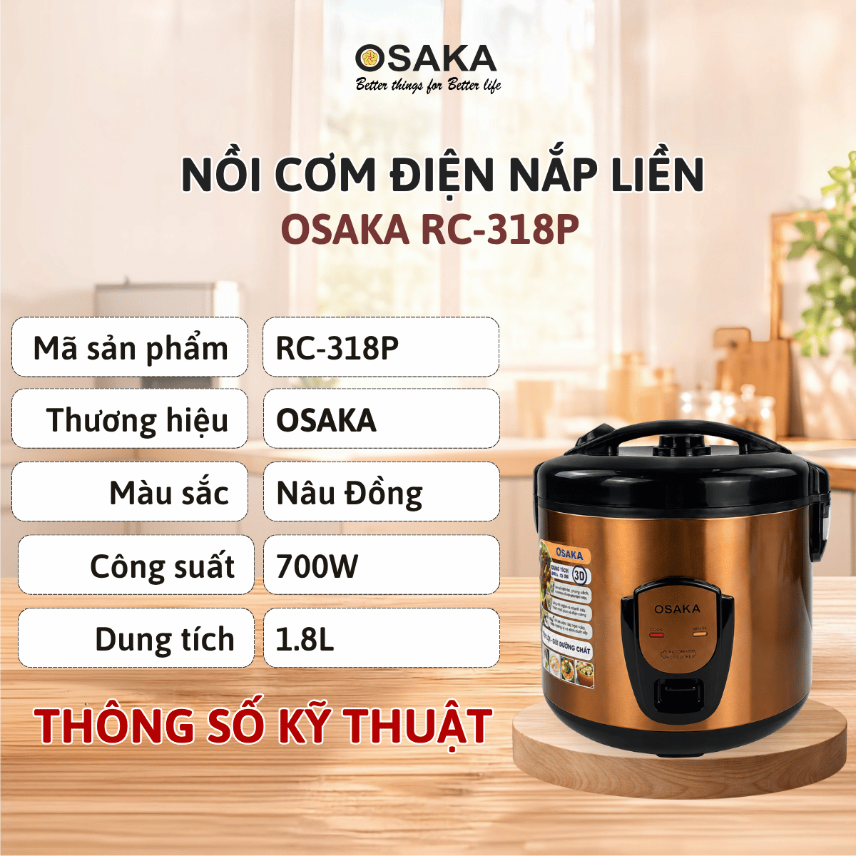 Nồi Cơm Điện OSAKA RC-318P Dung Tích 1.8L, Công Nghệ Nấu 3D, Lòng Nồi Dập Tổ Ong - Tráng Men Chống Dính