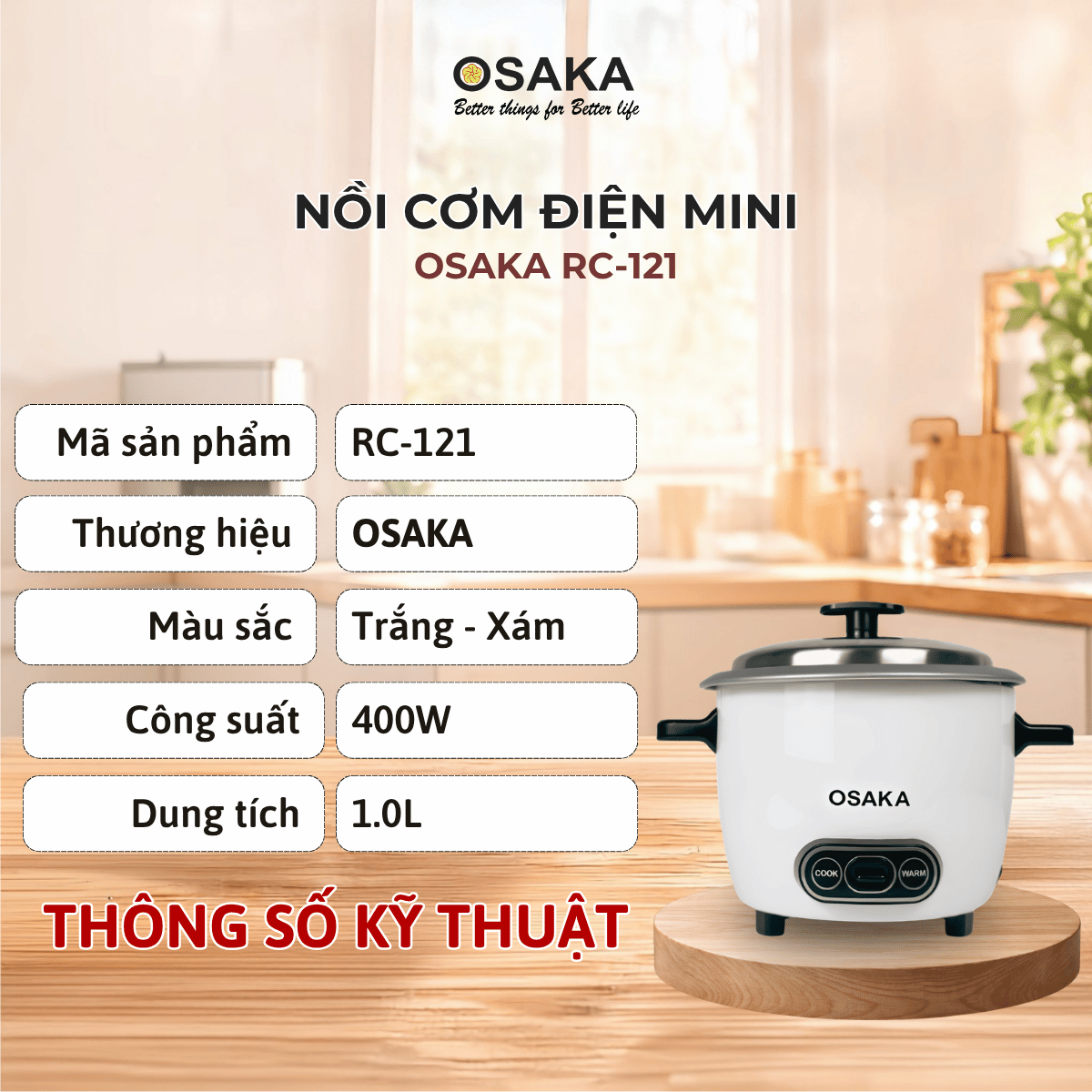 Nồi Cơm Điện Mini OSAKA RC-121 Dung Tích 1.0L Công Suất 400W Lòng Nồi Chống Dính Nắp Inox
