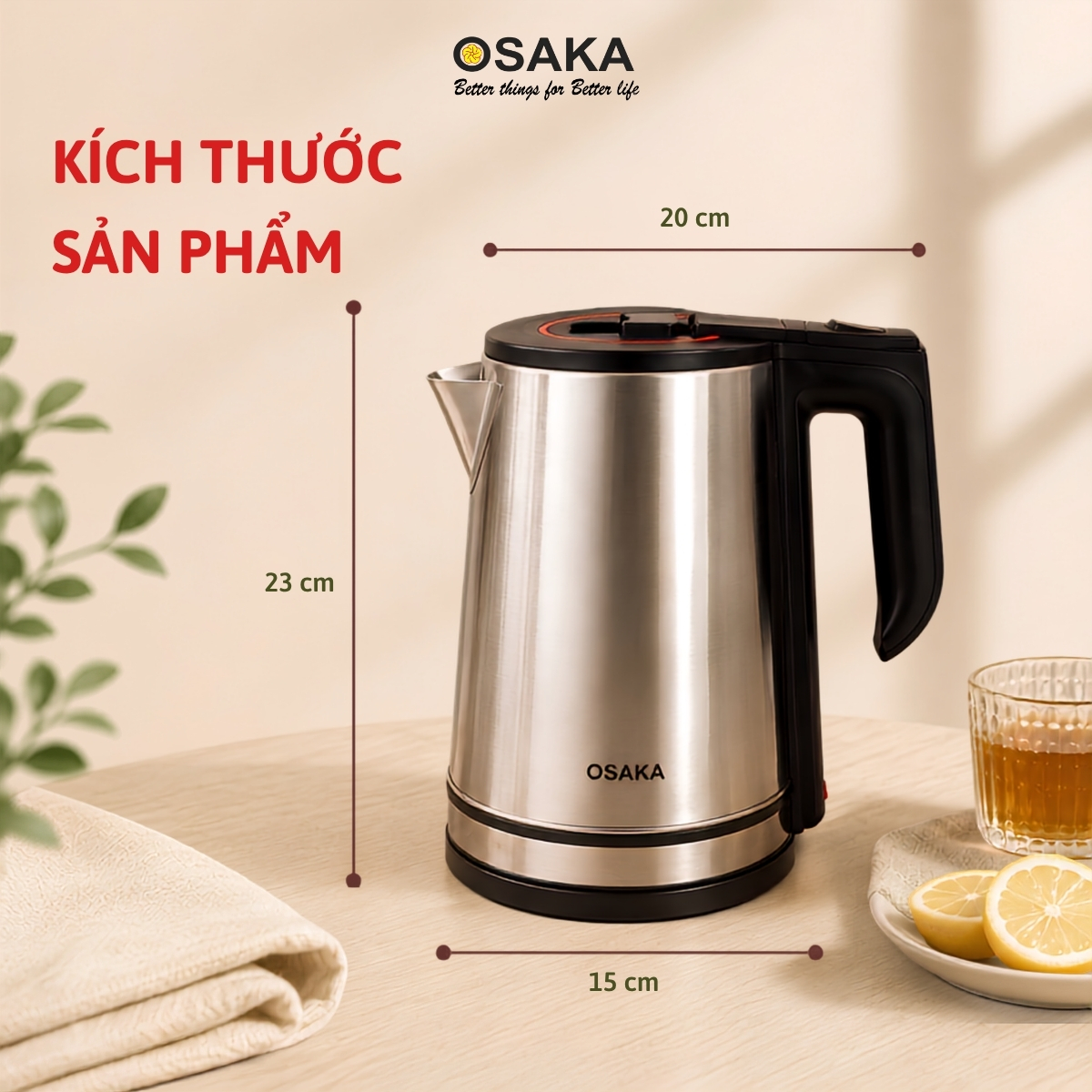 Ấm Đun Nước Siêu Tốc OSAKA KT-1820 Inox Mờ 304 – Dung Tích 1.8L, Công Suất 1500W, Lòng Inox 304