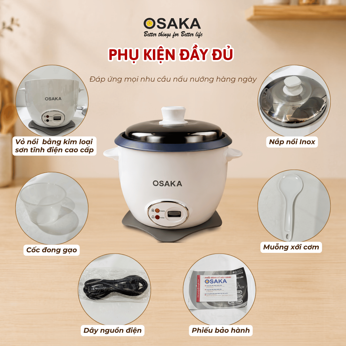 Nồi Cơm Điện Nắp Rời OSAKA RC-220R Dung Tích 2.2L - Công Suất 900W – Lòng Nồi Chống Dính – Nắp Inox 304
