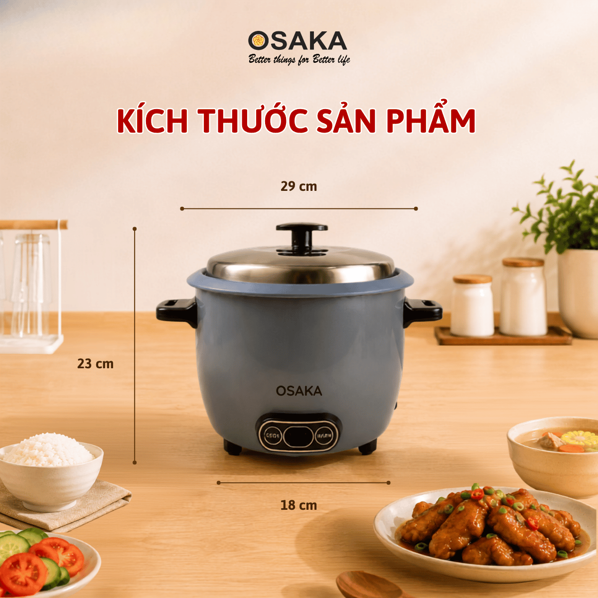 Nồi Cơm Điện Mini OSAKA RC-121 Dung Tích 1.0L Công Suất 400W Lòng Nồi Chống Dính Nắp Inox