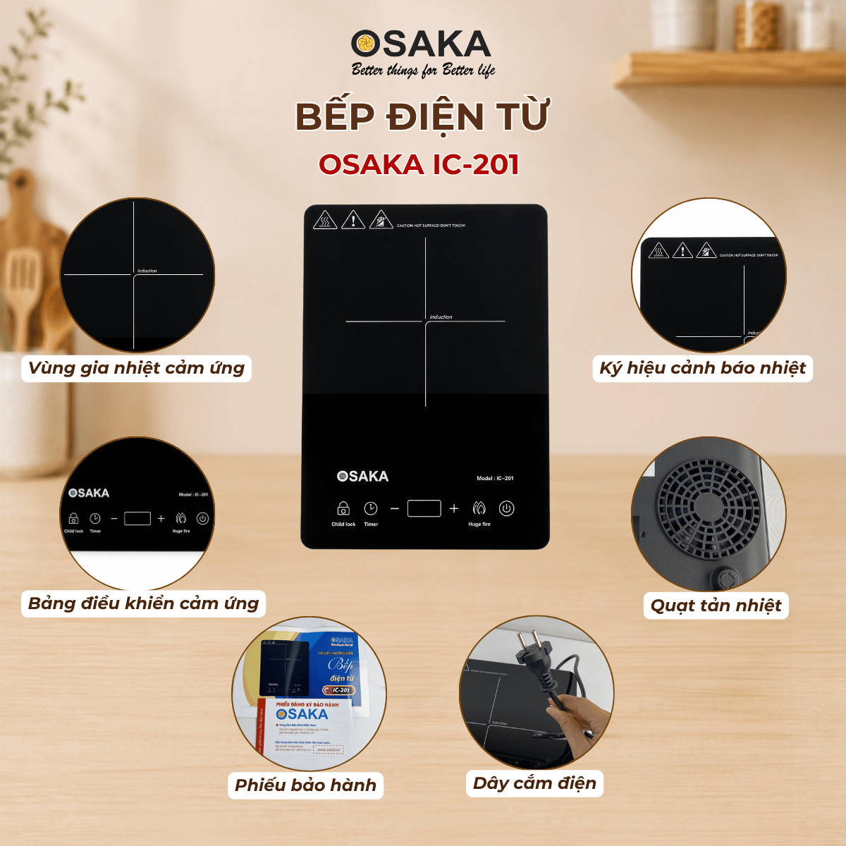 Bếp Từ OSAKA IC-201 2100W – Siêu Mỏng, Cảm Ứng, Cuộn Dây Đồng 2 Lớp, Tự Ngắt Khi Nhấc Nồi, Khóa An Toàn