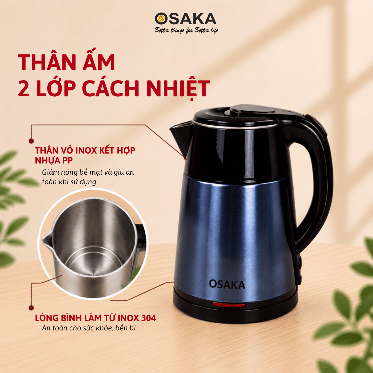 Ấm Đun Nước Siêu Tốc OSAKA KT-1822 Lòng Inox 304 – Dung Tích 1.8L, Đun Nóng Nhanh, Thân 2 Lớp Cách Nhiệt
