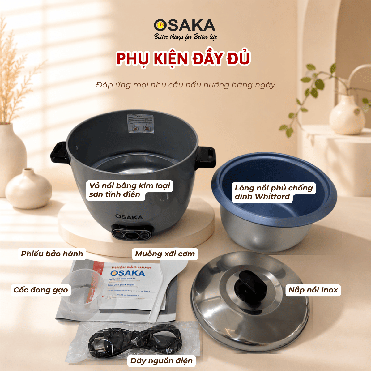 Nồi Cơm Điện OSAKA RC-181 Dung Tích 1.8L  Công Suất 700W - Lòng Nồi Chống Dính Nắp Inox 304