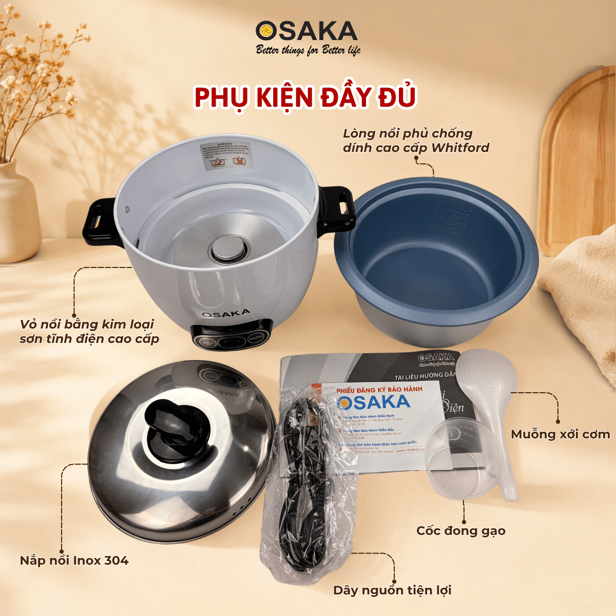Nồi Cơm Điện Mini OSAKA RC-121 Dung Tích 1.0L Công Suất 400W Lòng Nồi Chống Dính Nắp Inox