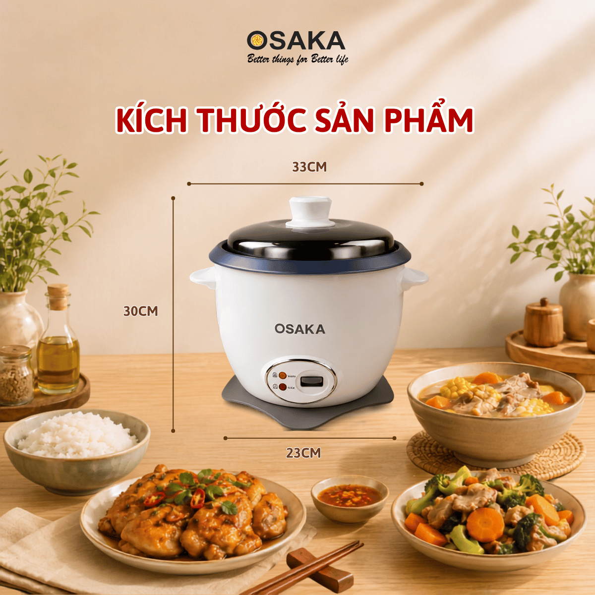 Nồi Cơm Điện Nắp Rời OSAKA RC-220R Dung Tích 2.2L - Công Suất 900W – Lòng Nồi Chống Dính – Nắp Inox 304