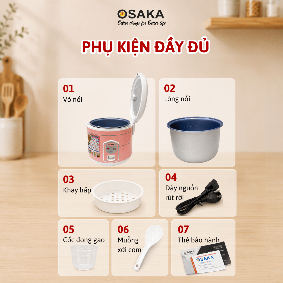 Nồi Cơm Điện OSAKA RC-118T Dung Tích 1.8L - Mâm Nhiệt Lớn - Tráng Men Chống Dính - Tặng Kèm Khay Hấp